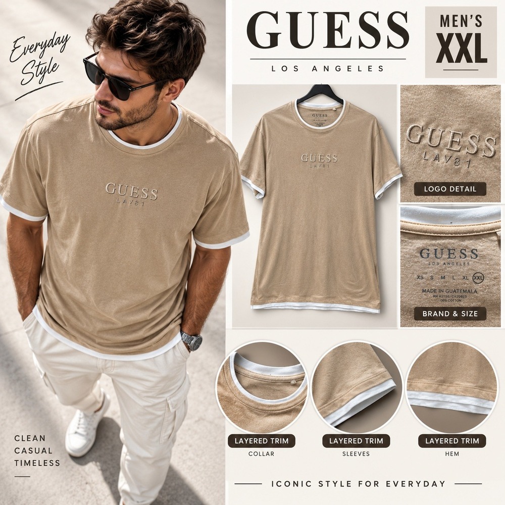 Guess Los Angeles LAV81 Mens XXL Tan Layered Trim T-Shirt Cotton Logo Tee
